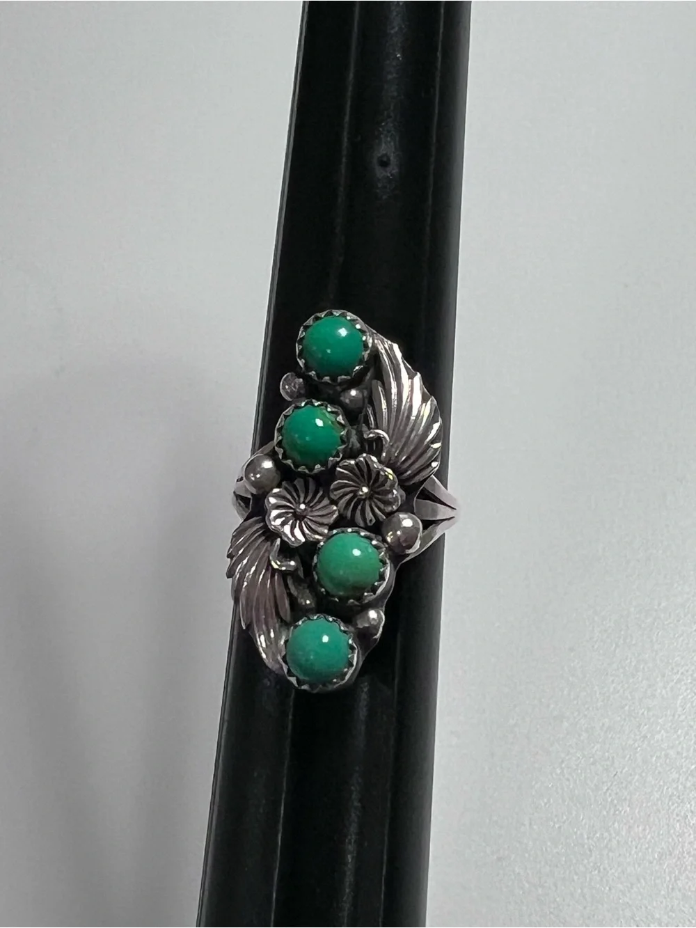 R.B. Navajo 925 Sterling Silver Green Turquoise 4-Stone Floral Leaf Ring Sz 7